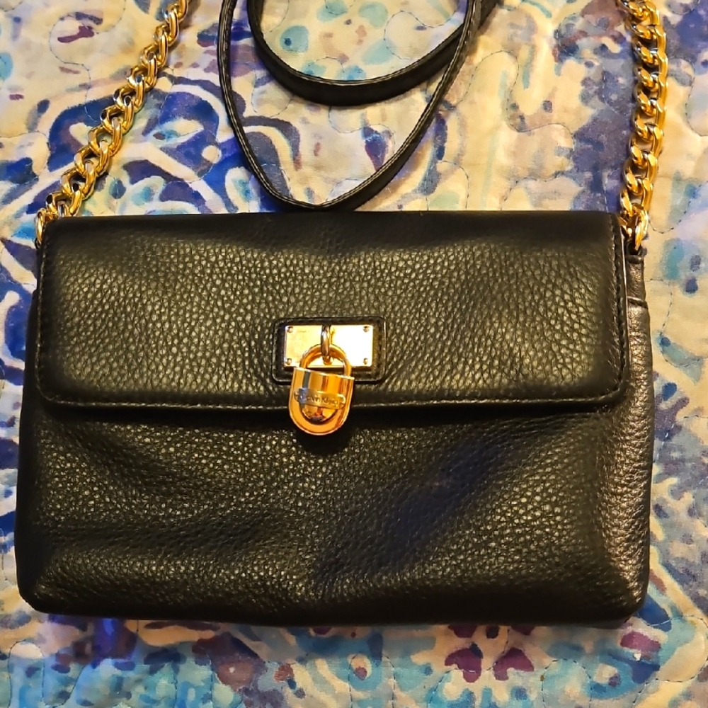 Calvin Klein Black Leather Chain Shoulder Bag EUC
